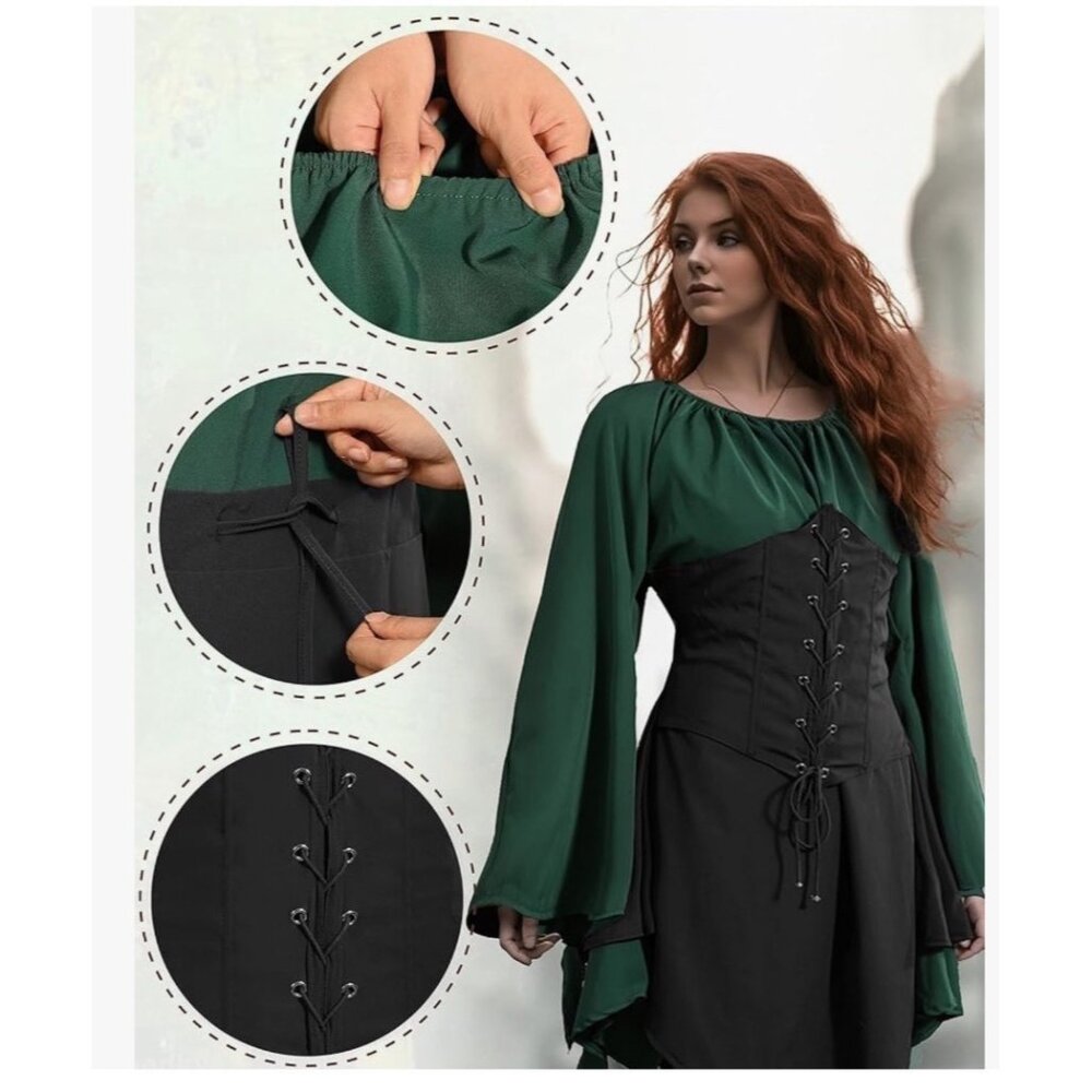 Medieval Renaissance Style Green & Black Corset Dress With Bell Sleeves & Lace-U